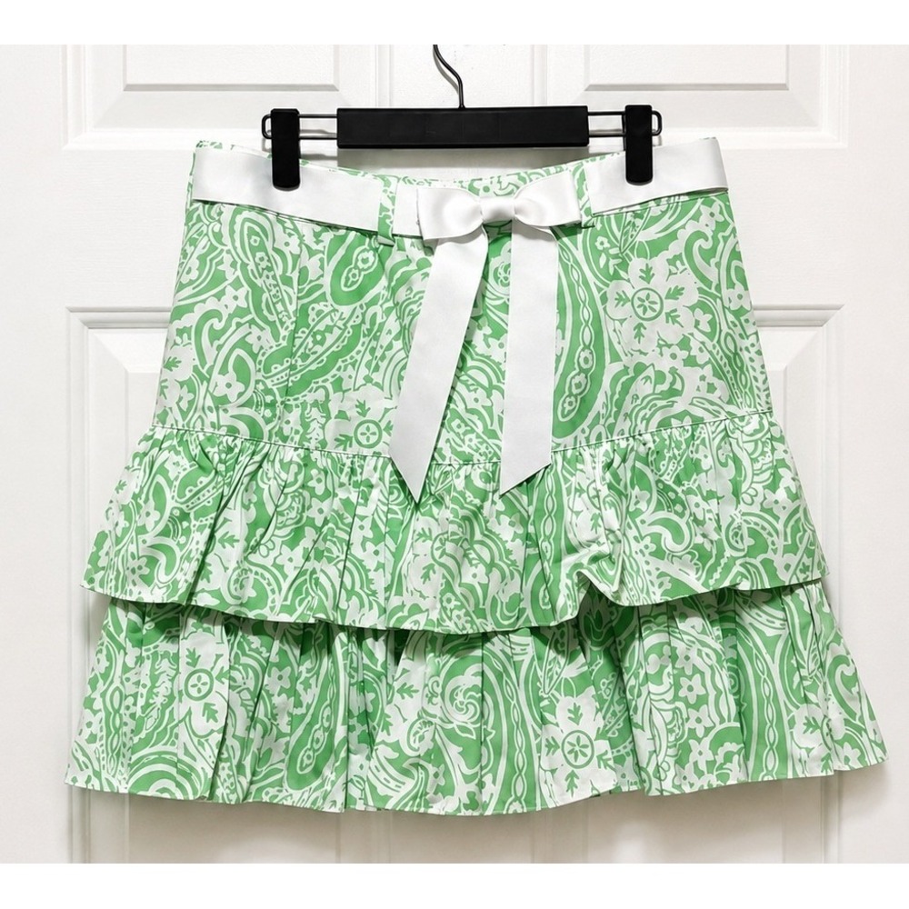 INC International Concepts Green Paisley Tiered Ruffle Skirt with Bow Belt Sz 8